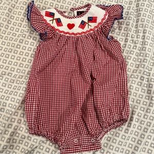 3-6mo Smocked 4th of July gingham bubble American flags